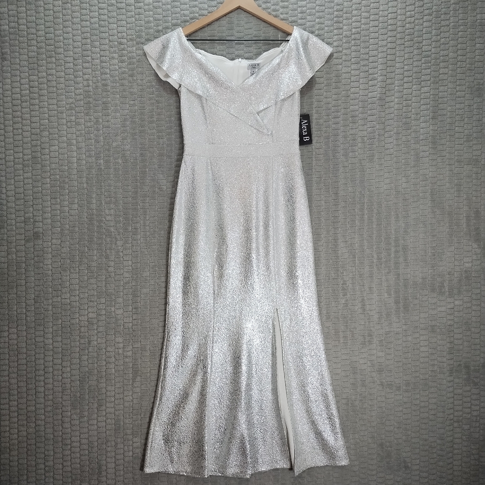 NWT! Alexa B Metallic Silver Off-Shoulder Maxi Dress-Statement Collar-Sz 8